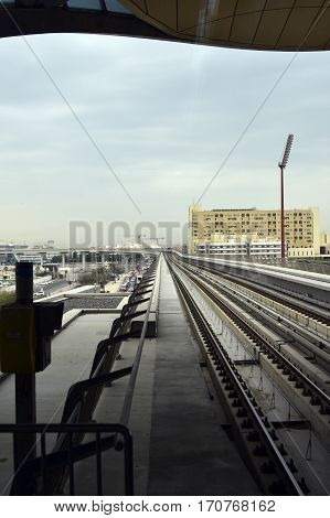 Dubai, United Arab Emirates - February 19, 2017, The Dubai Metro is a driverless, fully automated metro rail network in Dubai, United Arab Emirates