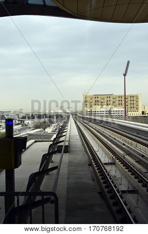 Dubai, United Arab Emirates - February 19, 2017, The Dubai Metro is a driverless, fully automated metro rail network in Dubai, United Arab Emirates