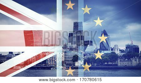 flags of UK and EU combined over icons of London - Brexit concept