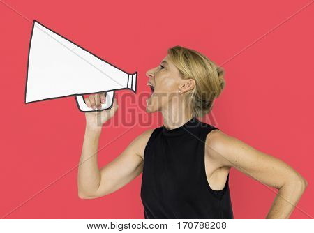 Woman Holding Papercraft Arts Megaphone Announcement Studio Portrait