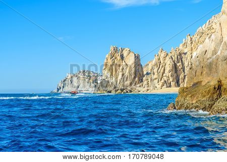 The arch point (El Arco) at Cabo San Lucas, Mexico. View from open ocean side. Divorce Beach (Playa del Divorcio).