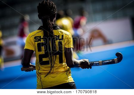 VALENCIA, SPAIN - FEBRUARY 7: Queensilla Shaibu during Hockey World League Round 2 match between Ghana and Poland at Betero Stadium on February 7, 2017 in Valencia, Spain