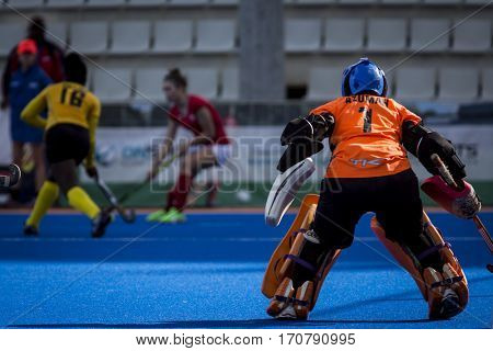 VALENCIA, SPAIN - FEBRUARY 7: (1) Bridget Azumah during Hockey World League Round 2 match between Ghana and Poland at Betero Stadium on February 7, 2017 in Valencia, Spain