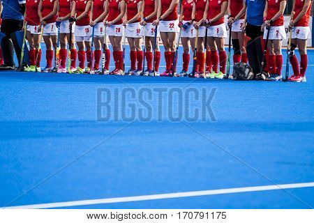 VALENCIA, SPAIN - FEBRUARY 7: Poland players during Hockey World League Round 2 match between Ghana and Poland at Betero Stadium on February 7, 2017 in Valencia, Spain