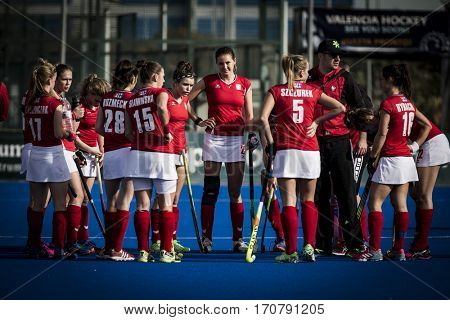VALENCIA, SPAIN - FEBRUARY 7: Poland players during Hockey World League Round 2 match between Ghana and Poland at Betero Stadium on February 7, 2017 in Valencia, Spain