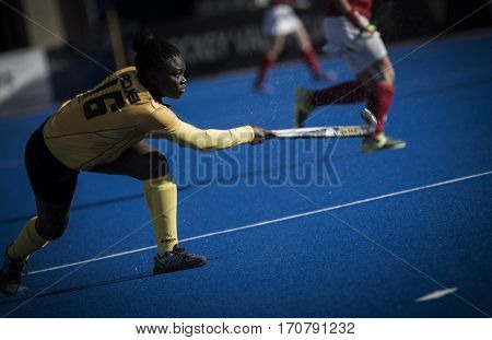 VALENCIA, SPAIN - FEBRUARY 7: Bennedicta Adjei during Hockey World League Round 2 match between Ghana and Poland at Betero Stadium on February 7, 2017 in Valencia, Spain