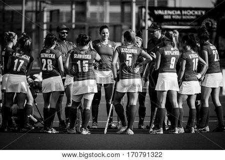 VALENCIA, SPAIN - FEBRUARY 7: Poland players during Hockey World League Round 2 match between Ghana and Poland at Betero Stadium on February 7, 2017 in Valencia, Spain