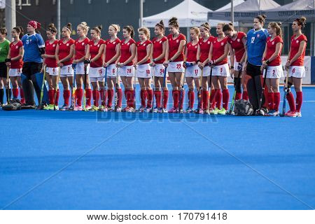 VALENCIA, SPAIN - FEBRUARY 7: Poland players during Hockey World League Round 2 match between Ghana and Poland at Betero Stadium on February 7, 2017 in Valencia, Spain
