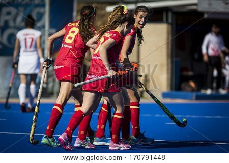 VALENCIA, SPAIN - FEBRUARY 7: Spanish players celebrate a goal during Hockey World League Round 2 match between Spain and Turkey at Betero Stadium on February 7, 2017 in Valencia, Spain