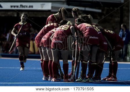VALENCIA, SPAIN - FEBRUARY 7: Spanish players during Hockey World League Round 2 match between Spain and Turkey at Betero Stadium on February 7, 2017 in Valencia, Spain