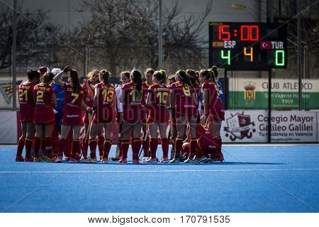 VALENCIA, SPAIN - FEBRUARY 7: Spanish players during Hockey World League Round 2 match between Spain and Turkey at Betero Stadium on February 7, 2017 in Valencia, Spain