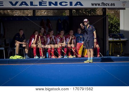 VALENCIA, SPAIN - FEBRUARY 7: Adrian Lock and Spanish players during Hockey World League Round 2 match between Spain and Turkey at Betero Stadium on February 7, 2017 in Valencia, Spain