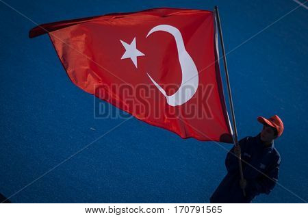 VALENCIA, SPAIN - FEBRUARY 7: Turkish flag during Hockey World League Round 2 match between Spain and Turkey at Betero Stadium on February 7, 2017 in Valencia, Spain