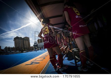 VALENCIA, SPAIN - FEBRUARY 7: Spanish players during Hockey World League Round 2 match between Spain and Turkey at Betero Stadium on February 7, 2017 in Valencia, Spain
