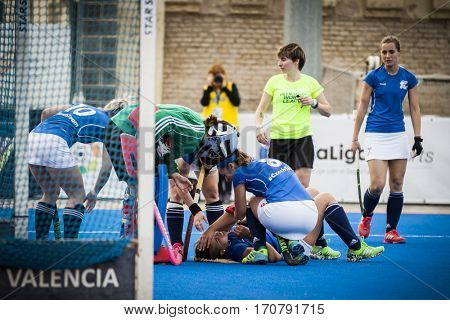 VALENCIA, SPAIN - FEBRUARY 7: Bizova injured during Hockey World League Round 2 match between Russia and Czech Republic at Betero Stadium on February 7, 2017 in Valencia, Spain