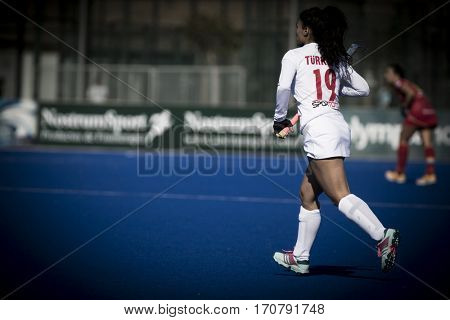 VALENCIA, SPAIN - FEBRUARY 7: Nurhan Cinar during Hockey World League Round 2 match between Spain and Turkey at Betero Stadium on February 7, 2017 in Valencia, Spain
