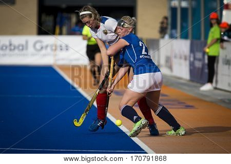 VALENCIA, SPAIN - FEBRUARY 7: (L) Svezhentseva, (R) Lacina during Hockey World League Round 2 match between Russia and Czech Republic at Betero Stadium on February 7, 2017 in Valencia, Spain