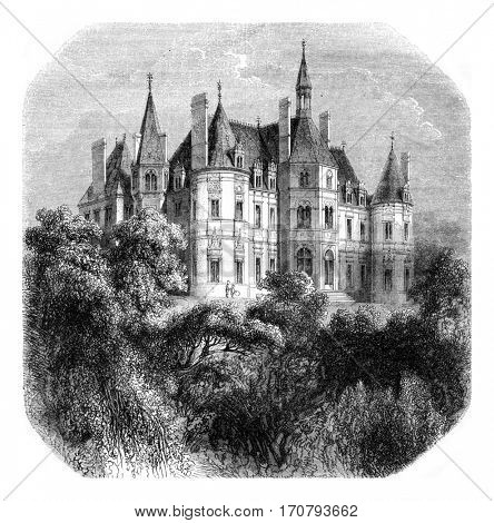 View of the castle Boursault, vintage engraved illustration. Magasin Pittoresque 1852.