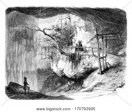 A view of the waterfall Giessbach, vintage engraved illustration. Magasin Pittoresque 1846.