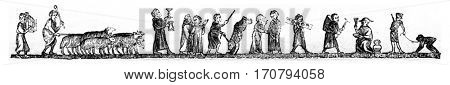 Menetrier, Shepherd, Shouter of wine, Juggler, Merchant ambulant forget, Chiffonier, Dairy, Monkey showman, vintage engraved illustration. Magasin Pittoresque 1846.
