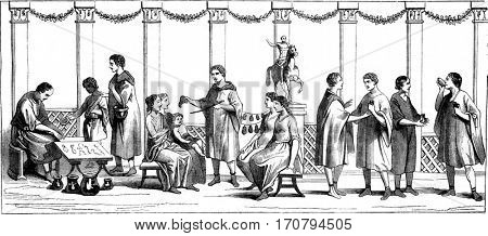Market, Cobblers, other merchants, vintage engraved illustration. Magasin Pittoresque 1845.