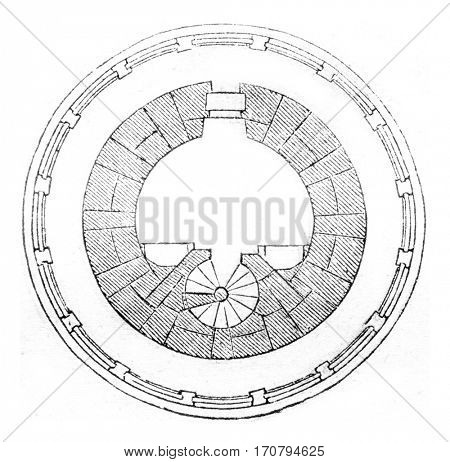Horizontal section in the upper tower, vintage engraved illustration. Magasin Pittoresque 1845.