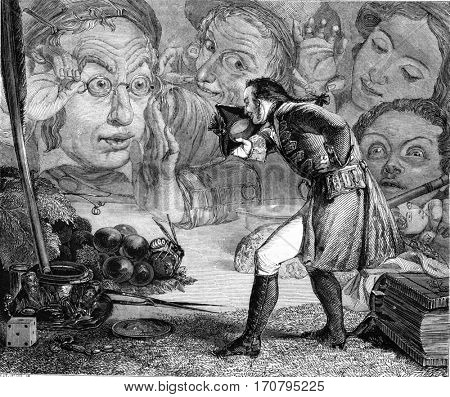 Gulliver sets on a table has the admiration of the people of Borbdingnag, vintage engraved illustration. Magasin Pittoresque 1845.