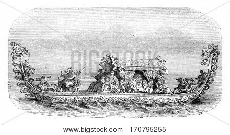 Gondola of the French ambassador to Venice in 1682, vintage engraved illustration. Magasin Pittoresque 1844.
