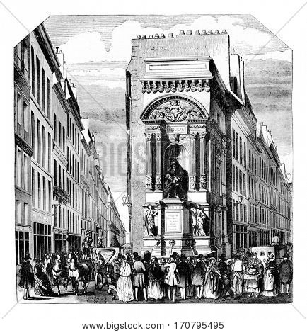 Fontaine Moliere at Richelieu, Paris, vintage engraved illustration. Magasin Pittoresque 1844.