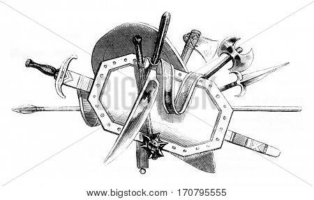 Weapons of the Franks, vintage engraved illustration. Magasin Pittoresque 1842.