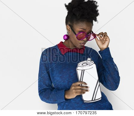 African Woman with Sunglasses Holding a Can Beverage