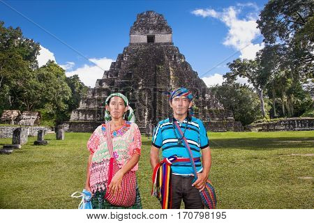 TIKAL, GUATEMALA - DEC 21, 2015: Unidentified Mayans people on December 21, 2015  in Tikal, Guatemala. Traditional Mayan ceremony at the 2015 new year celebrations.