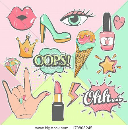 Fashion patch badges with lips, hearts, speech bubbles and others. Set of fashion stickers, icons, patches in 80s-90s comic cartoon style.Modern geometric pastel background. Vector illustration.