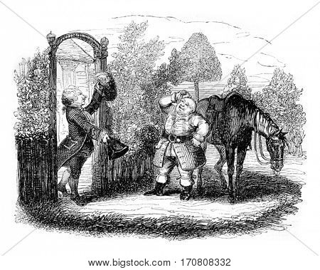 John Gilpin and his friend Calendar, vintage engraved illustration. Magasin Pittoresque 1842.