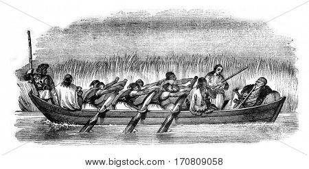 This check is three pairs of oars, set in motion by six rowers, vintage engraved illustration. Magasin Pittoresque 1841.
