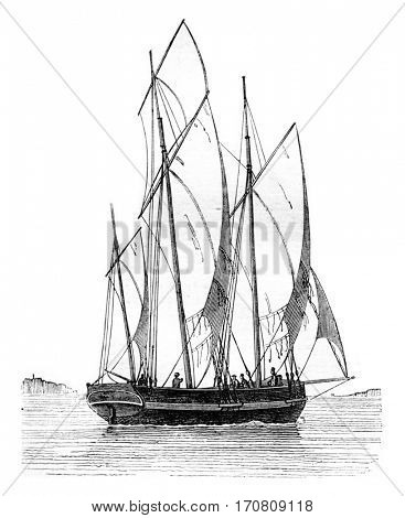 Lugger broad reach, seen by the starboard quarter, vintage engraved illustration. Magasin Pittoresque 1842.