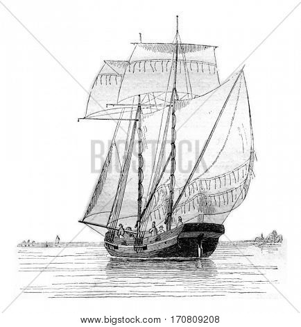 Koff current broad reach, seen by hip portside, vintage engraved illustration. Magasin Pittoresque 1842.