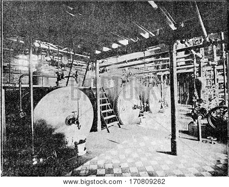 View of the interior of the plant Stendhal, vintage engraved illustration.