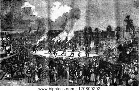 Last scene of Rama's drama represented before the raja of Benares, vintage engraved illustration. Magasin Pittoresque 1841.