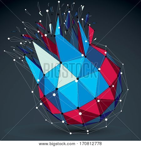 Vector Dimensional Colorful Wireframe Object, Demolished Low Poly Shape With Fractures And Wreckage.
