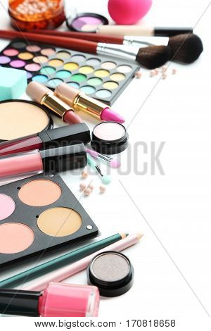 Different Makeup Cosmetics On White Background