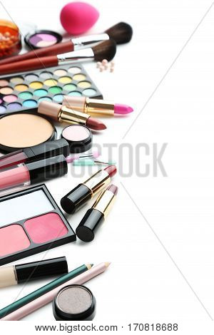 Different Makeup Cosmetics On White Background