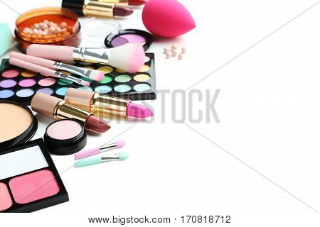Different Makeup Cosmetics On White Background