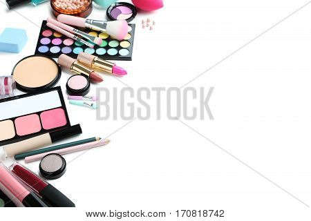 Different Makeup Cosmetics On White Background
