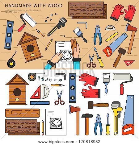 Thin line flat design of the wood handmade tools. Equipment for handmaking wooden articles in the studio, wooden boards, hammer, saw, axe, gloves isolated on white background