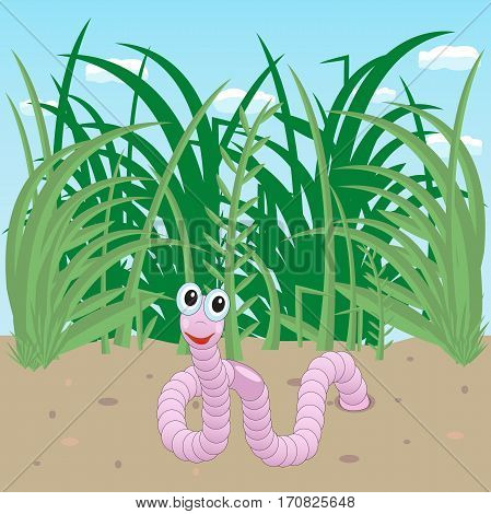 funny worm crawled out of the ground on the lawn. vector illustration