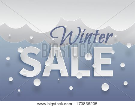 Winter sale banner template with white snow and clouds, text with shadows on blue background. Vector illustration made in paper cut out style