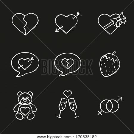 Valentine's Day chalk icons set. Heartbreak, love messages, sex and erotic symbols, champagne, teddy bear, arrow piercing heart, candy box. Isolated vector chalkboard illustrations