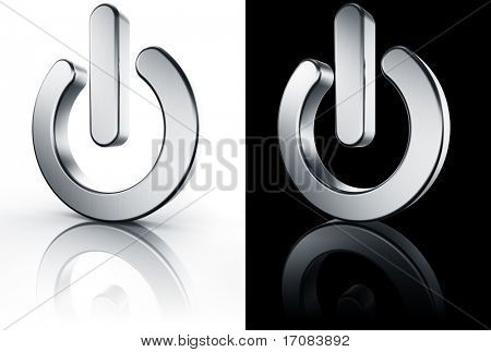 rendering 3D di un su fuori segno in brushed metal su un piano riflettente bianco e nero.