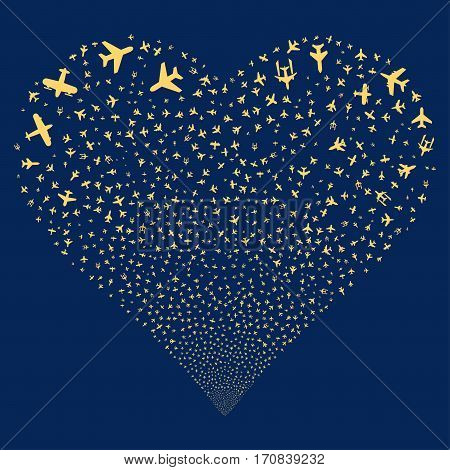 Airplanes fireworks with heart shape. Vector illustration style is flat yellow iconic symbols on a blue background. Object heart done from confetti design elements.